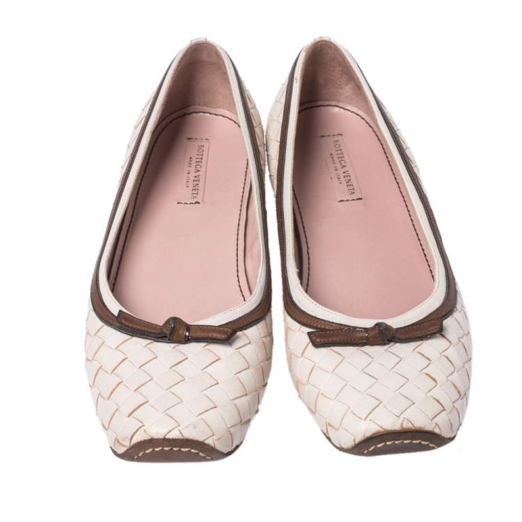 Pre Owned Bottega Veneta White Leather Intrecciato Bow Ballet Flats Size 38