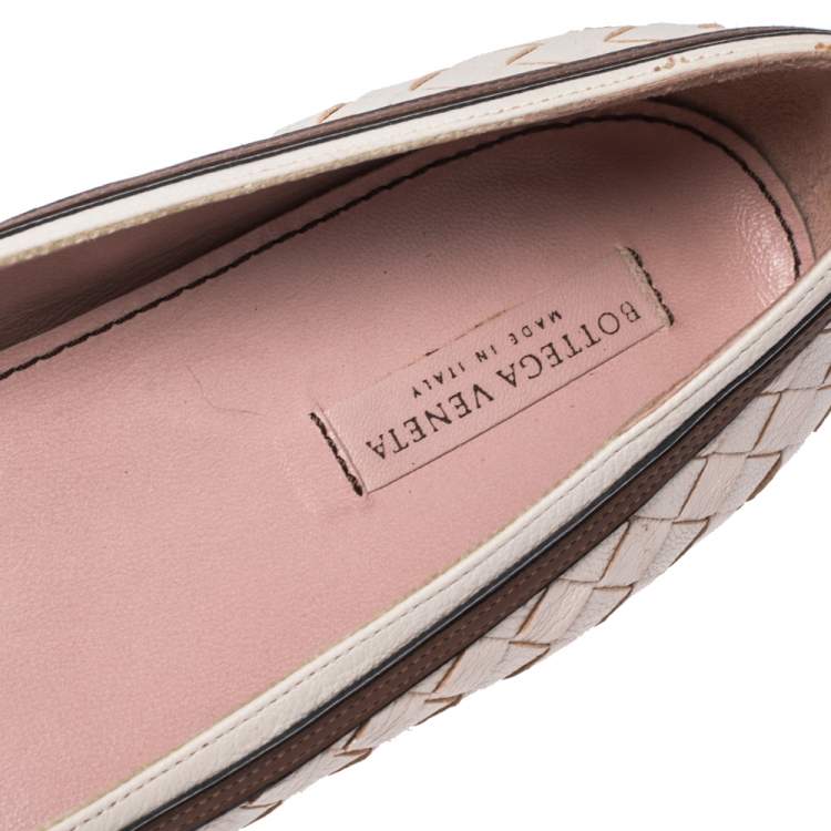 Pre Owned Bottega Veneta White Leather Intrecciato Bow Ballet Flats Size 38