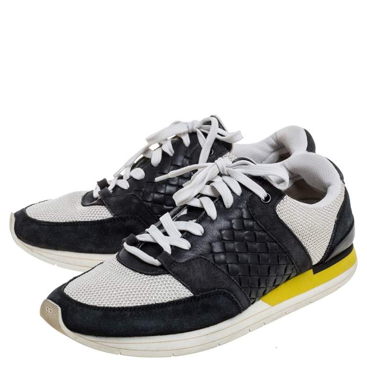 Pre Owned Bottega Veneta White/Black Mesh And Intrecciato Suede Leather Lace Up Low Top Sneakers Size 39.5