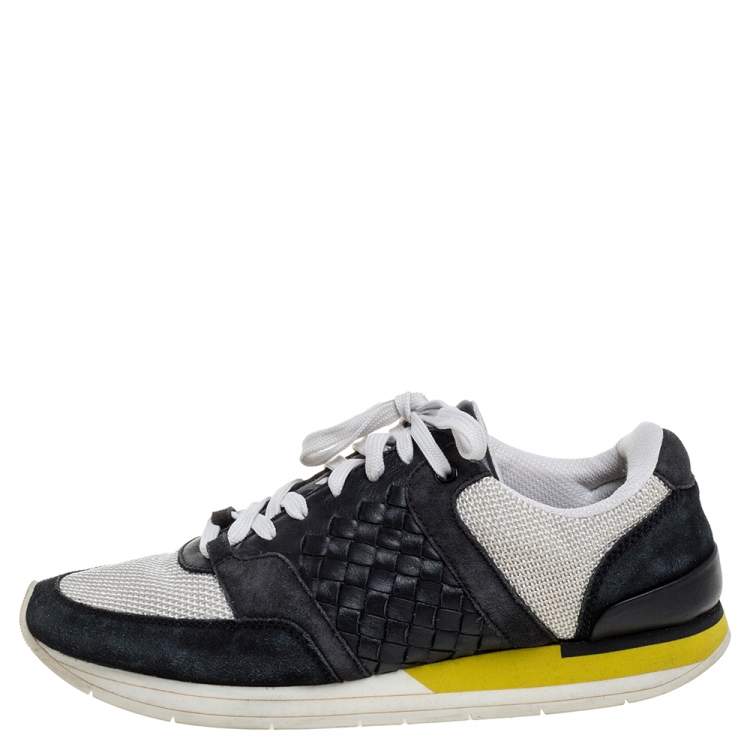 Pre Owned Bottega Veneta White/Black Mesh And Intrecciato Suede Leather Lace Up Low Top Sneakers Size 39.5