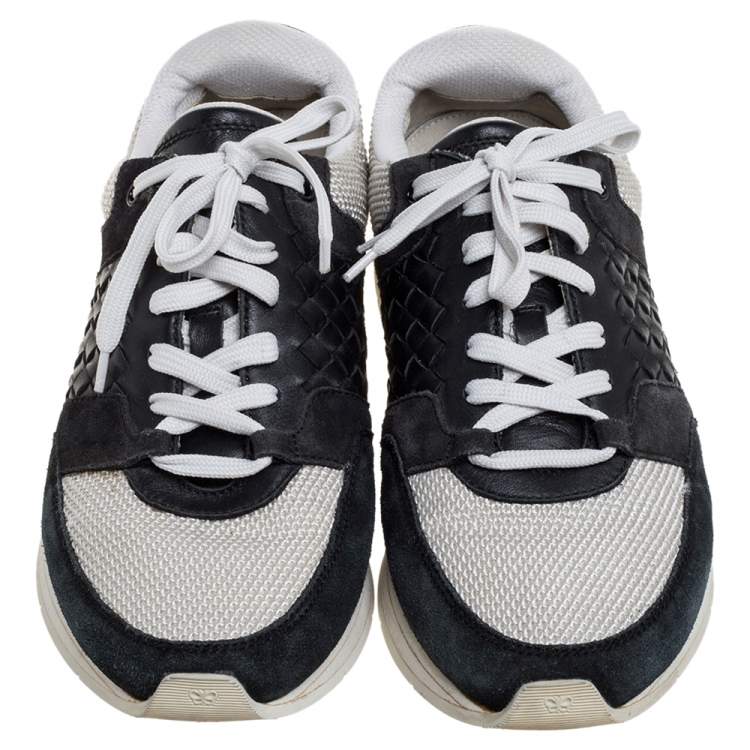 Pre Owned Bottega Veneta White/Black Mesh And Intrecciato Suede Leather Lace Up Low Top Sneakers Size 39.5