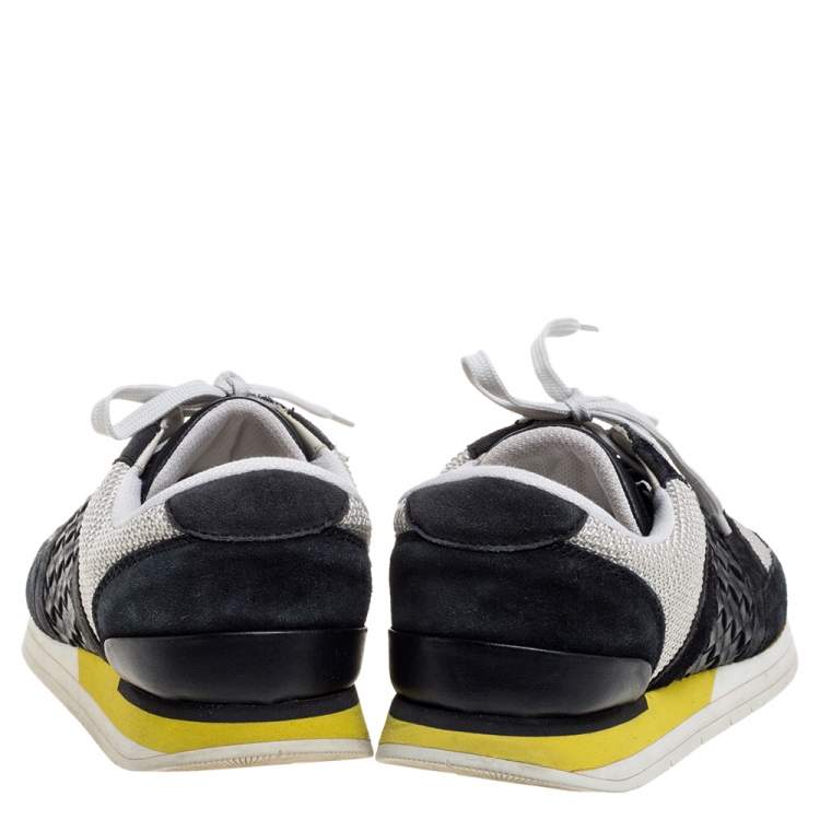 Pre Owned Bottega Veneta White/Black Mesh And Intrecciato Suede Leather Lace Up Low Top Sneakers Size 39.5