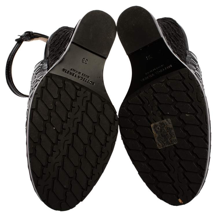 Pre Owned Bottega Veneta Black Intrecciato Patent Leather Jute Wedge Sandals Size 38