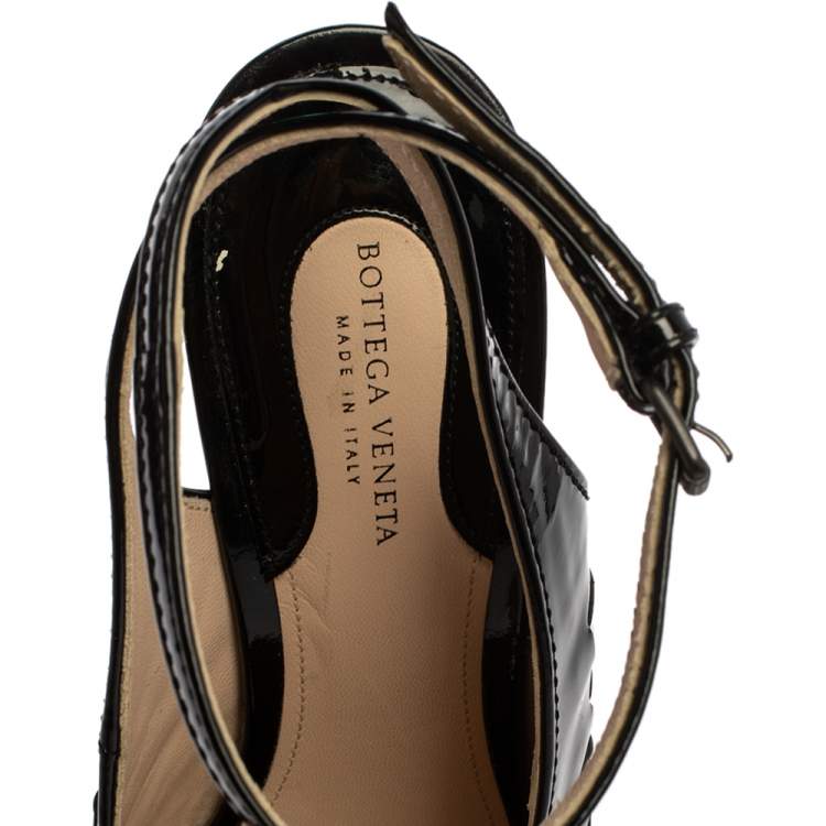Pre Owned Bottega Veneta Black Intrecciato Patent Leather Jute Wedge Sandals Size 38