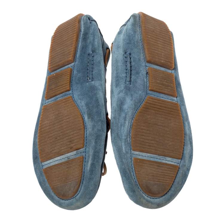Pre Owned Bottega Veneta Blue Intrecciato Suede And Brown Leather Trim Bow Loafers Size 39