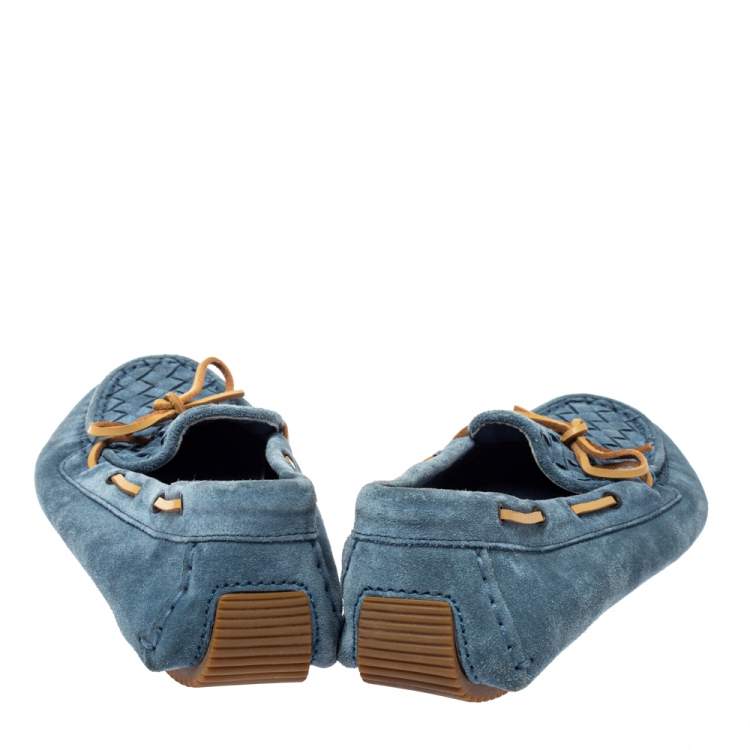 Pre Owned Bottega Veneta Blue Intrecciato Suede And Brown Leather Trim Bow Loafers Size 39