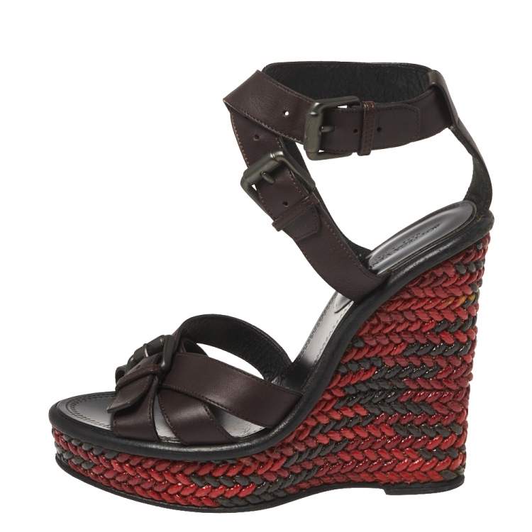 Pre Owned Bottega Veneta Burgundy Leather Woven Heel Wedge Ankle Wrap Sandals Size 37