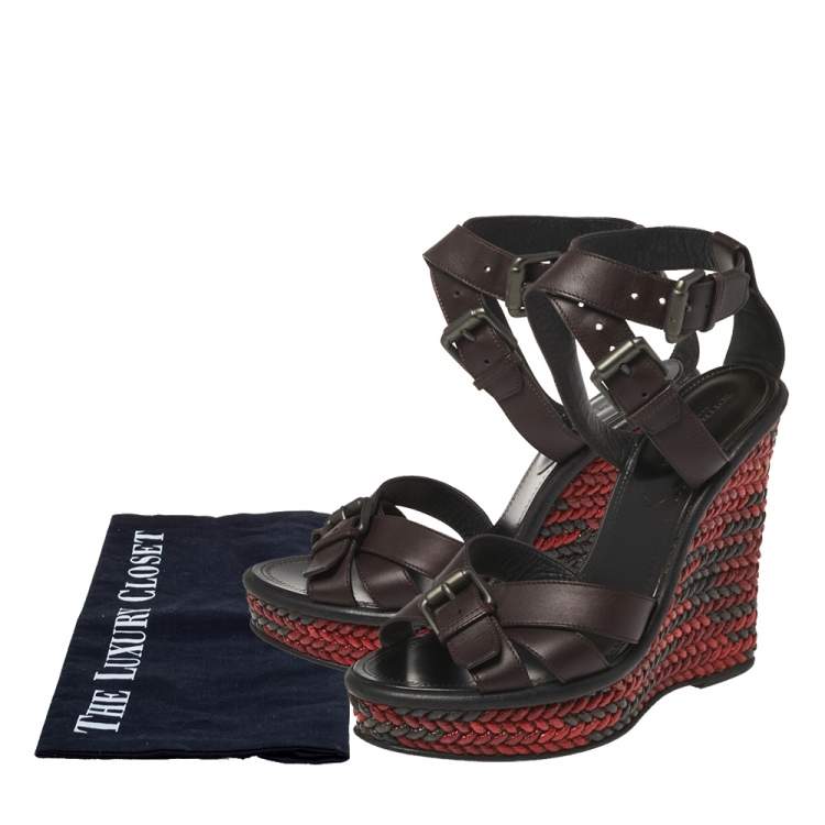 Pre Owned Bottega Veneta Burgundy Leather Woven Heel Wedge Ankle Wrap Sandals Size 37