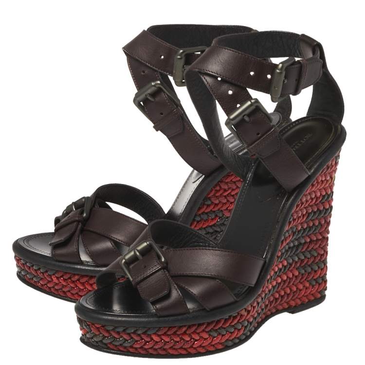 Pre Owned Bottega Veneta Burgundy Leather Woven Heel Wedge Ankle Wrap Sandals Size 37