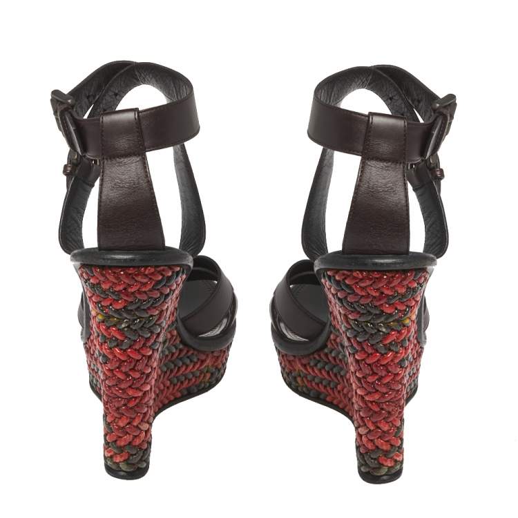 Pre Owned Bottega Veneta Burgundy Leather Woven Heel Wedge Ankle Wrap Sandals Size 37