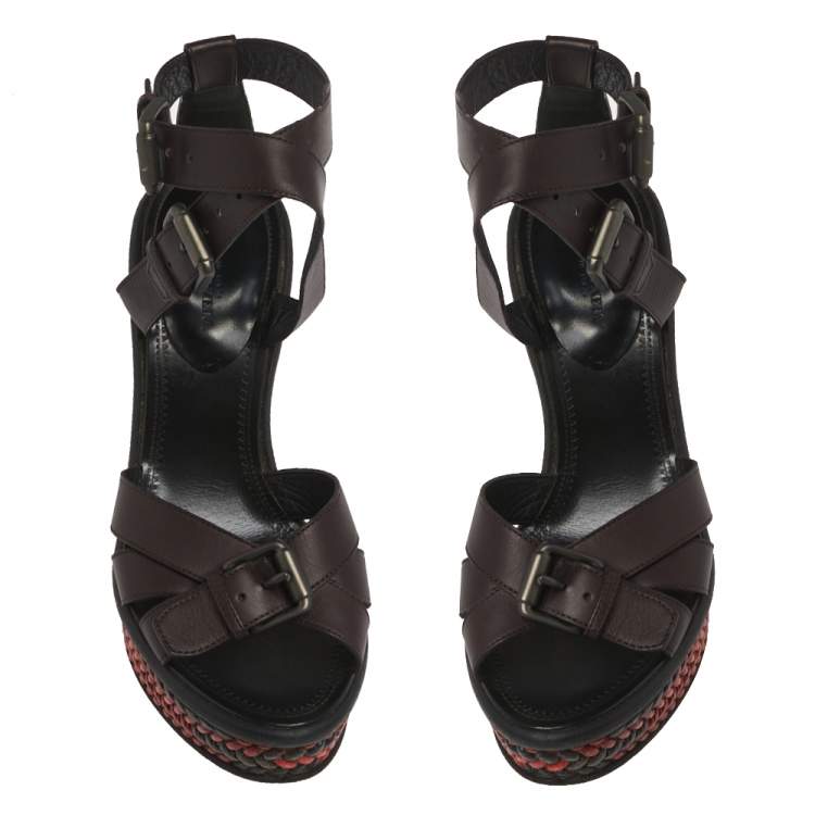 Pre Owned Bottega Veneta Burgundy Leather Woven Heel Wedge Ankle Wrap Sandals Size 37