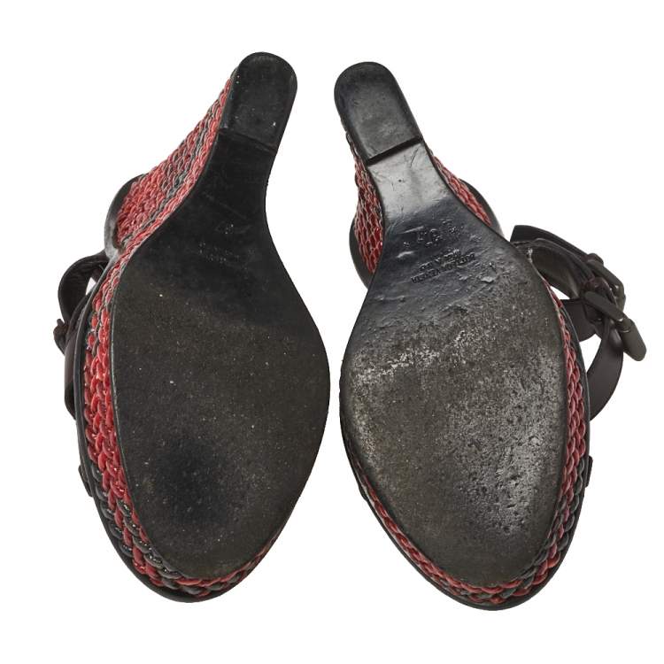 Pre Owned Bottega Veneta Burgundy Leather Woven Heel Wedge Ankle Wrap Sandals Size 37