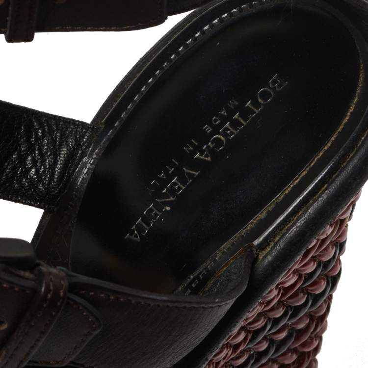Pre Owned Bottega Veneta Burgundy Leather Woven Heel Wedge Ankle Wrap Sandals Size 37
