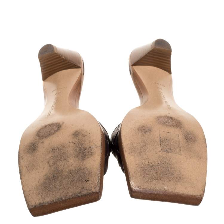 Pre Owned Bottega Veneta Brown Intrecciato Leather Square Toe Slide Sandals Size 37