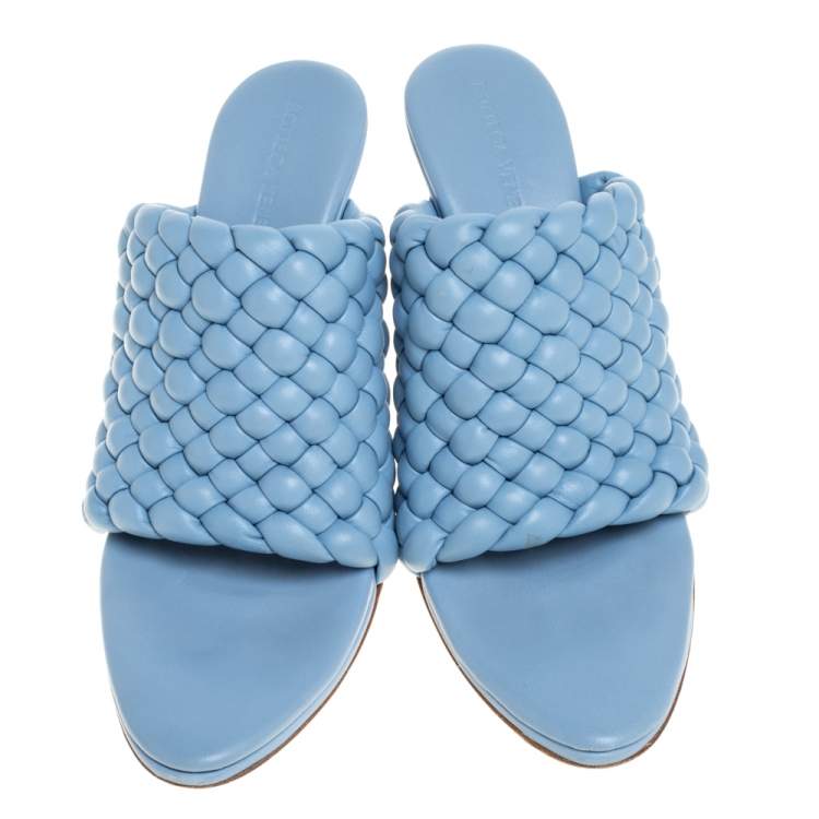 Pre Owned Bottega Veneta Light Blue Leather The Curve Slide Sandals Size 40.5