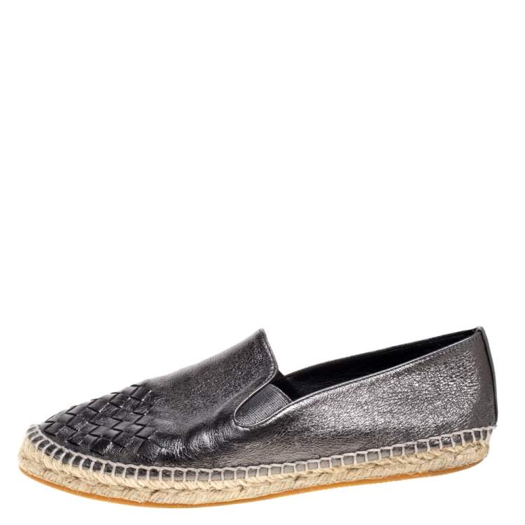 Pre Owned Bottega Veneta Metallic Intrecciato Leather Slip On Espadrille Flats Size 39