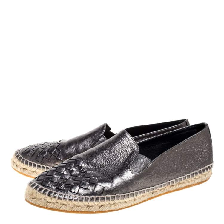 Pre Owned Bottega Veneta Metallic Intrecciato Leather Slip On Espadrille Flats Size 39