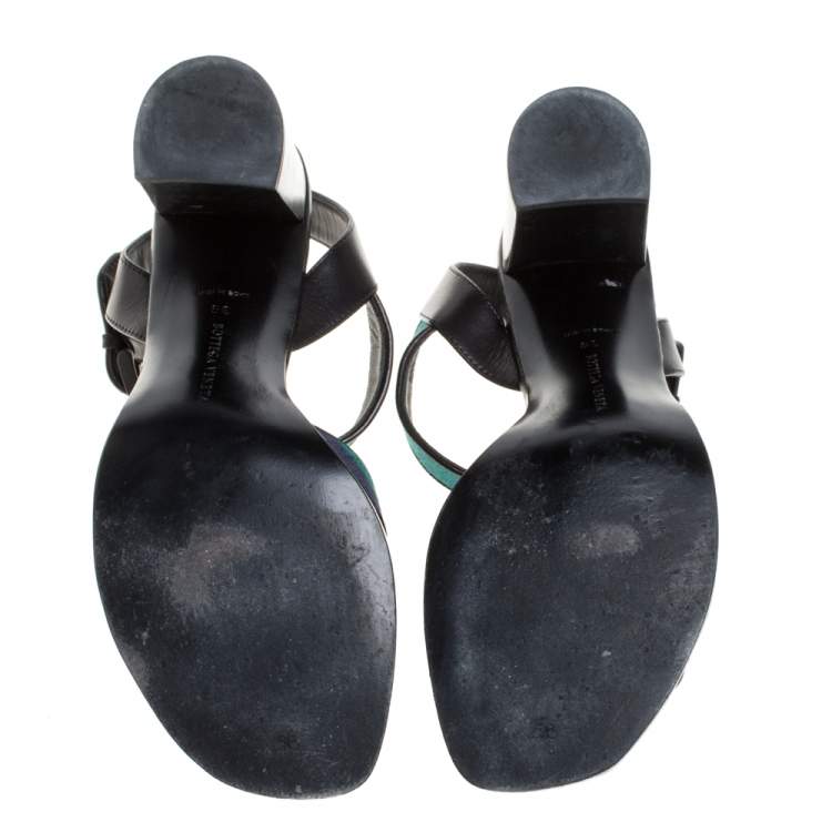Pre Owned Bottega Veneta Black/Blue Canvas And Leather T-Strap Sandals Size 39