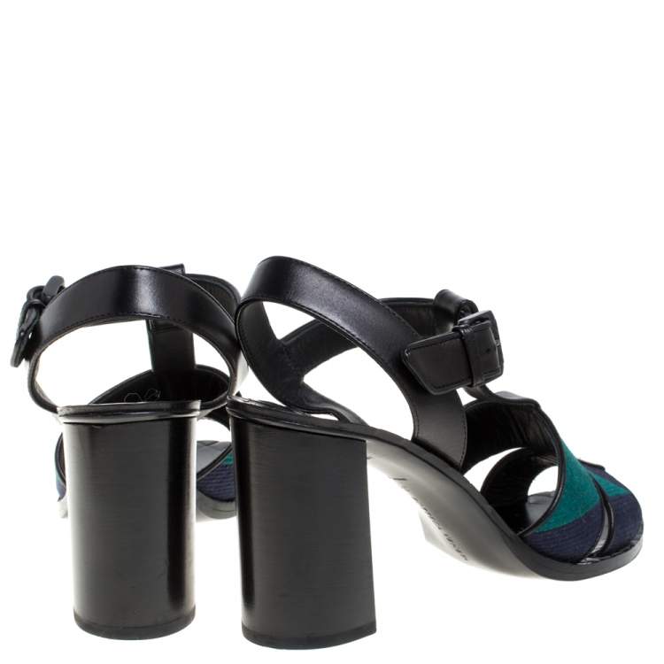 Pre Owned Bottega Veneta Black/Blue Canvas And Leather T-Strap Sandals Size 39