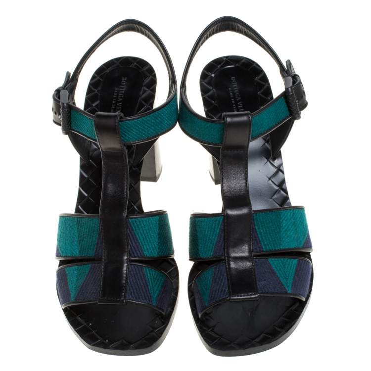 Pre Owned Bottega Veneta Black/Blue Canvas And Leather T-Strap Sandals Size 39