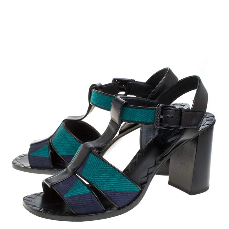 Pre Owned Bottega Veneta Black/Blue Canvas And Leather T-Strap Sandals Size 39