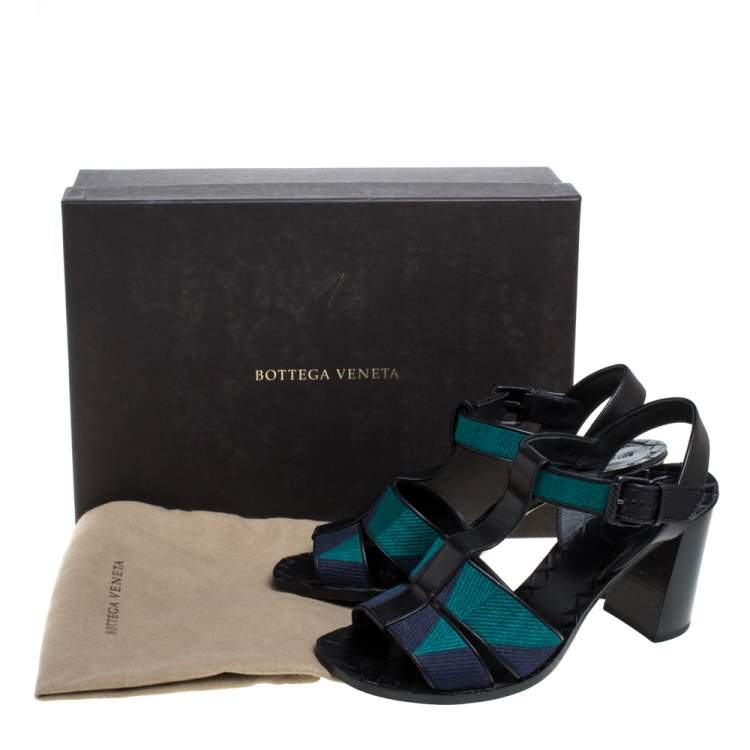 Pre Owned Bottega Veneta Black/Blue Canvas And Leather T-Strap Sandals Size 39