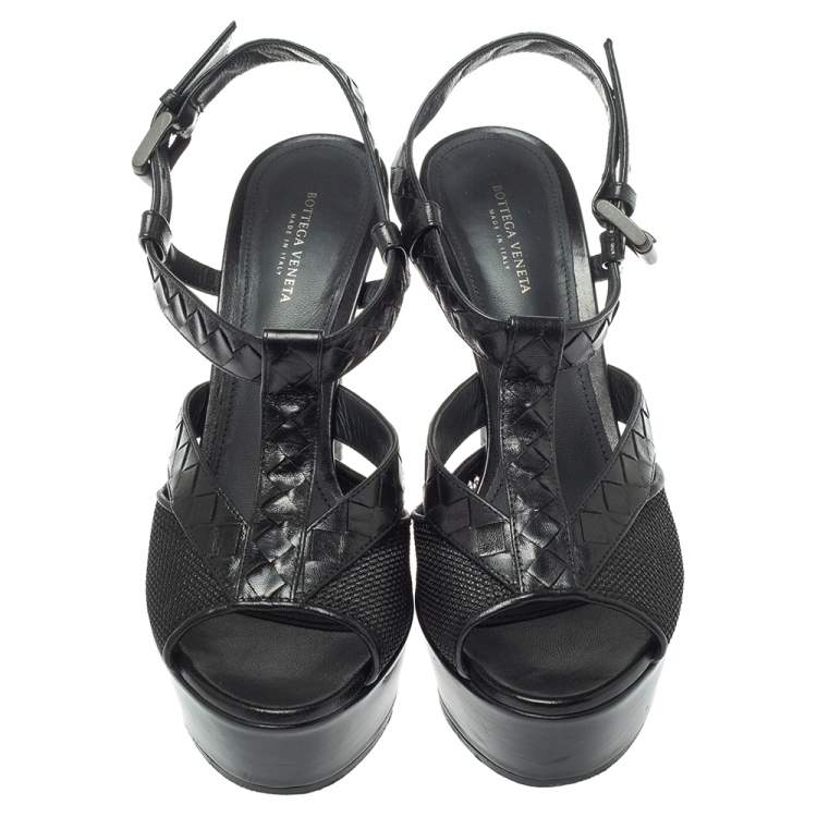 Pre Owned Bottega Veneta Black Leather And Mesh T Strap Platform Sandals Size 38