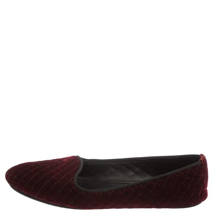 Pre Owned Bottega Veneta Burgundy Velvet Smoking Slip On Loafers Size 39.5