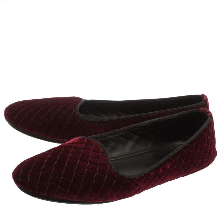Pre Owned Bottega Veneta Burgundy Velvet Smoking Slip On Loafers Size 39.5