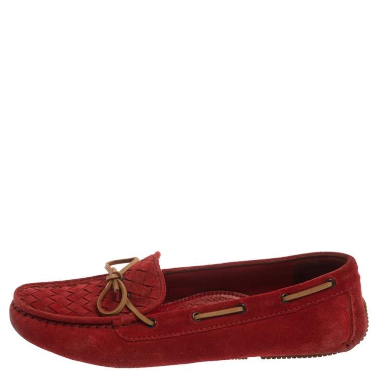 Pre Owned Bottega Veneta Suede Red Intrecciato  Bow Slip On Loafers Size 39