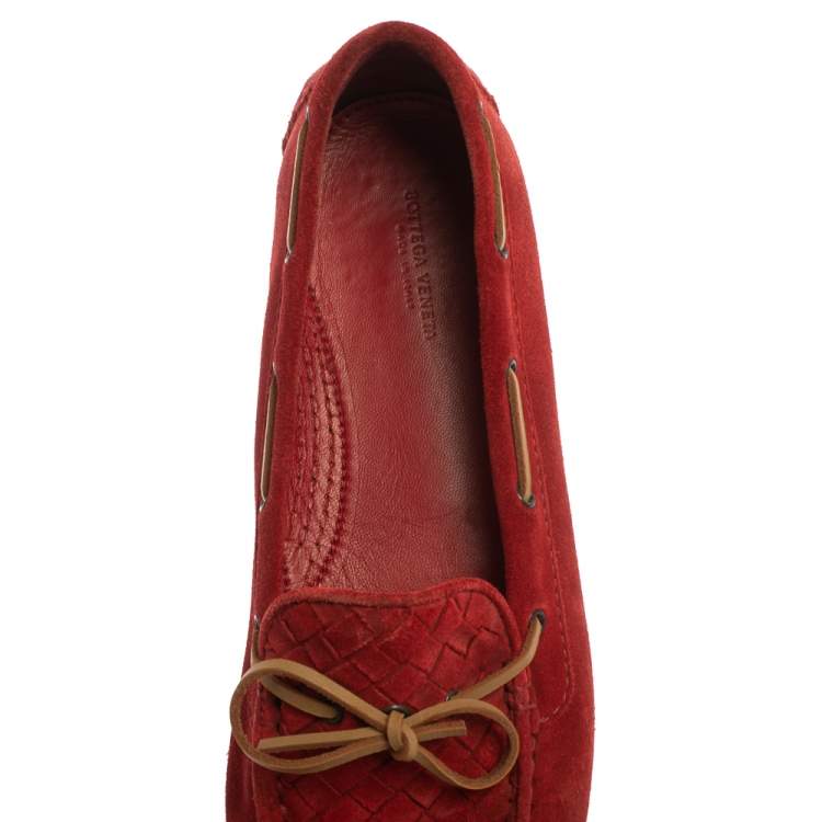 Pre Owned Bottega Veneta Suede Red Intrecciato  Bow Slip On Loafers Size 39