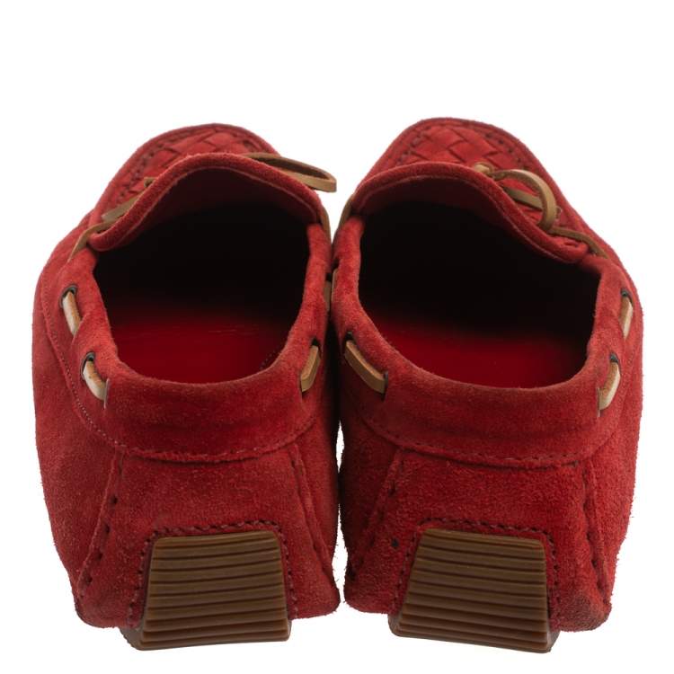 Pre Owned Bottega Veneta Suede Red Intrecciato  Bow Slip On Loafers Size 39