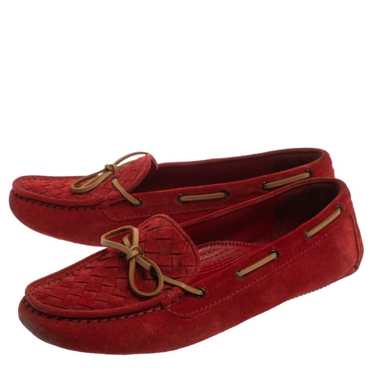 Pre Owned Bottega Veneta Suede Red Intrecciato  Bow Slip On Loafers Size 39