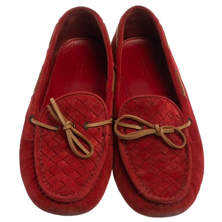 Pre Owned Bottega Veneta Suede Red Intrecciato  Bow Slip On Loafers Size 39