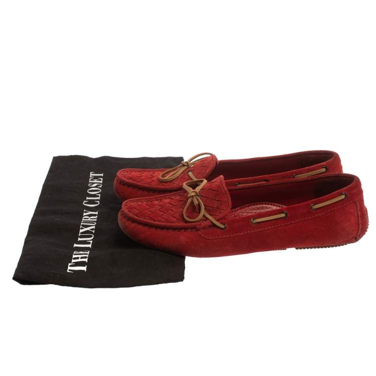 Pre Owned Bottega Veneta Suede Red Intrecciato  Bow Slip On Loafers Size 39