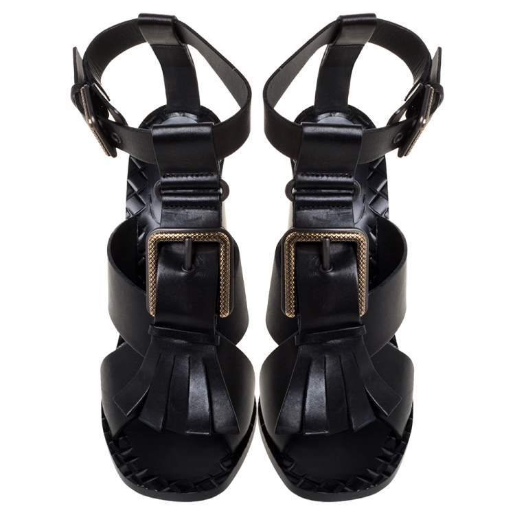 Pre Owned Bottega Veneta Black Leather Fringe Buckle Sandals Size 39
