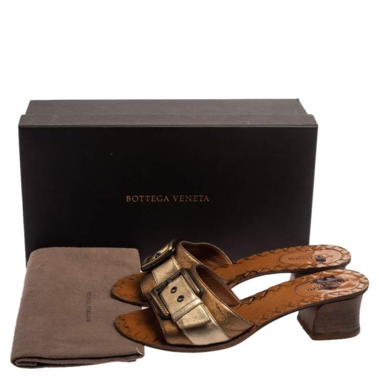 Pre Owned Bottega Veneta Metallic Block Heel Slide Sandals Size 38 