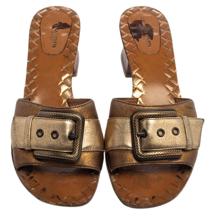 Pre Owned Bottega Veneta Metallic Block Heel Slide Sandals Size 38 