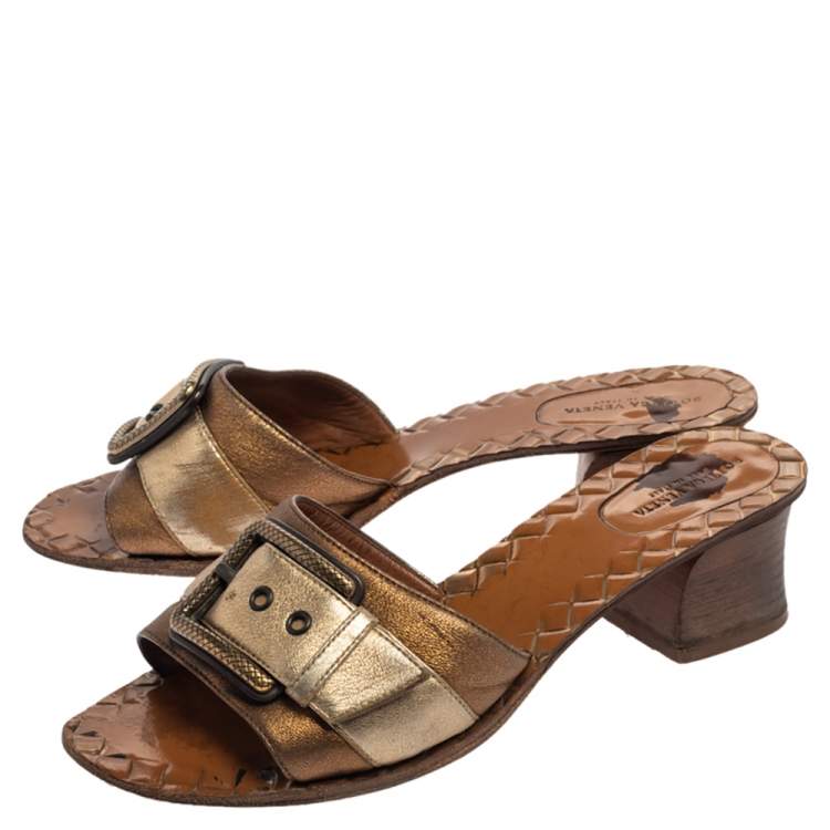 Pre Owned Bottega Veneta Metallic Block Heel Slide Sandals Size 38 