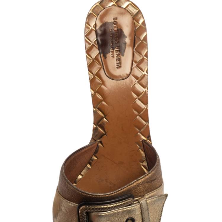 Pre Owned Bottega Veneta Metallic Block Heel Slide Sandals Size 38 
