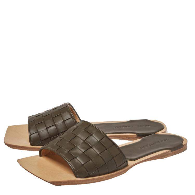 Pre Owned  Bottega Veneta Dark Olive Green Intrecciato Leather Flat Slides Size 41