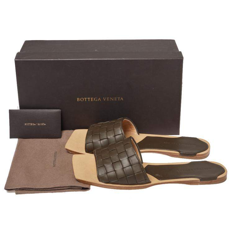 Pre Owned  Bottega Veneta Dark Olive Green Intrecciato Leather Flat Slides Size 41