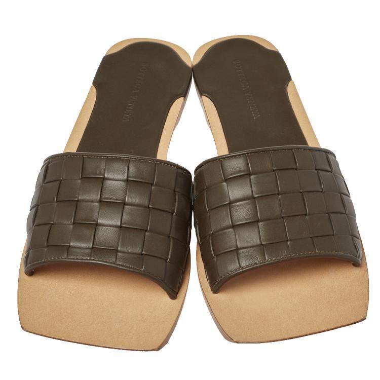 Pre Owned  Bottega Veneta Dark Olive Green Intrecciato Leather Flat Slides Size 41