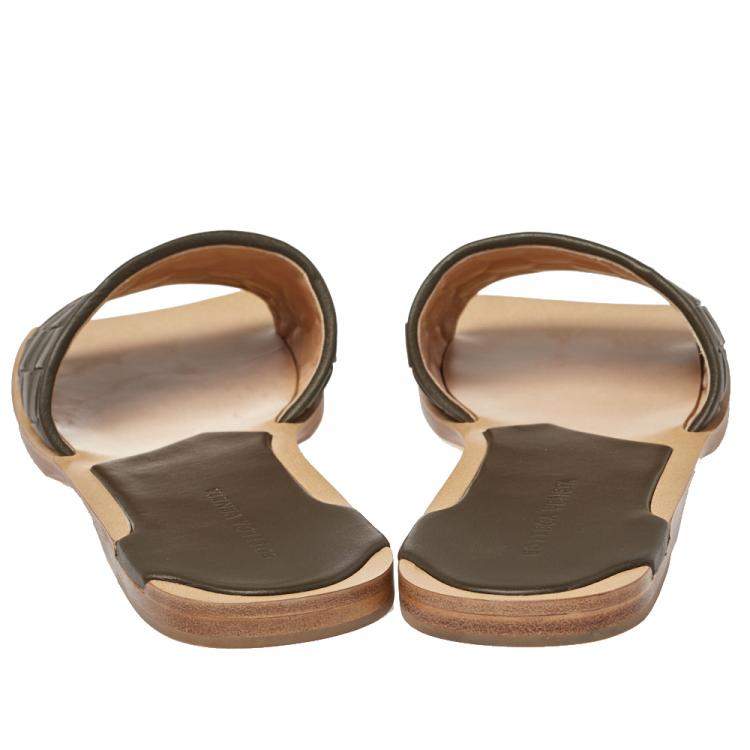 Pre Owned  Bottega Veneta Dark Olive Green Intrecciato Leather Flat Slides Size 41