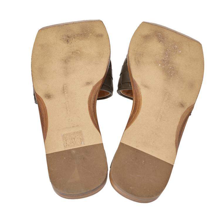 Pre Owned  Bottega Veneta Dark Olive Green Intrecciato Leather Flat Slides Size 41