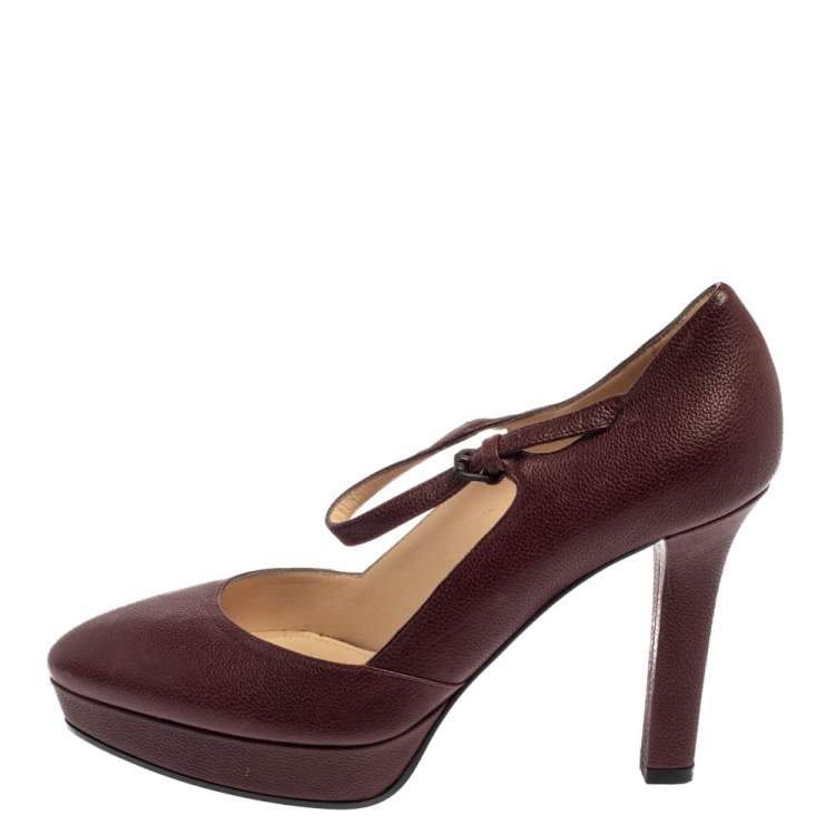 Pre Owned Bottega Veneta Burgundy Leather Mary Jane Platform Pumps Size 38