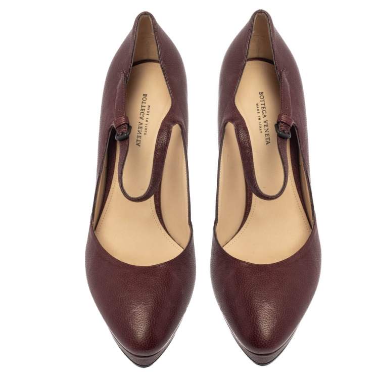 Pre Owned Bottega Veneta Burgundy Leather Mary Jane Platform Pumps Size 38