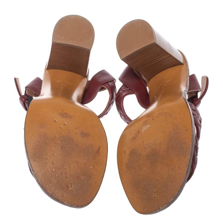 Pre Owned Bottega Veneta Burgundy Leather Intrecciato Ankle Strap Sandals Size 37