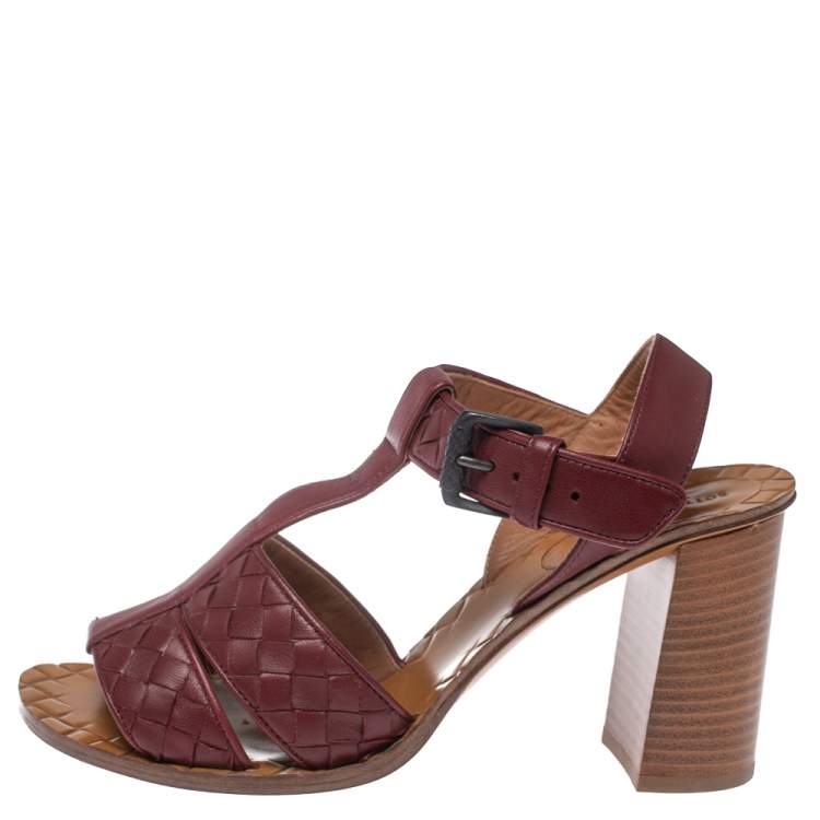 Pre Owned Bottega Veneta Burgundy Leather Intrecciato Ankle Strap Sandals Size 37