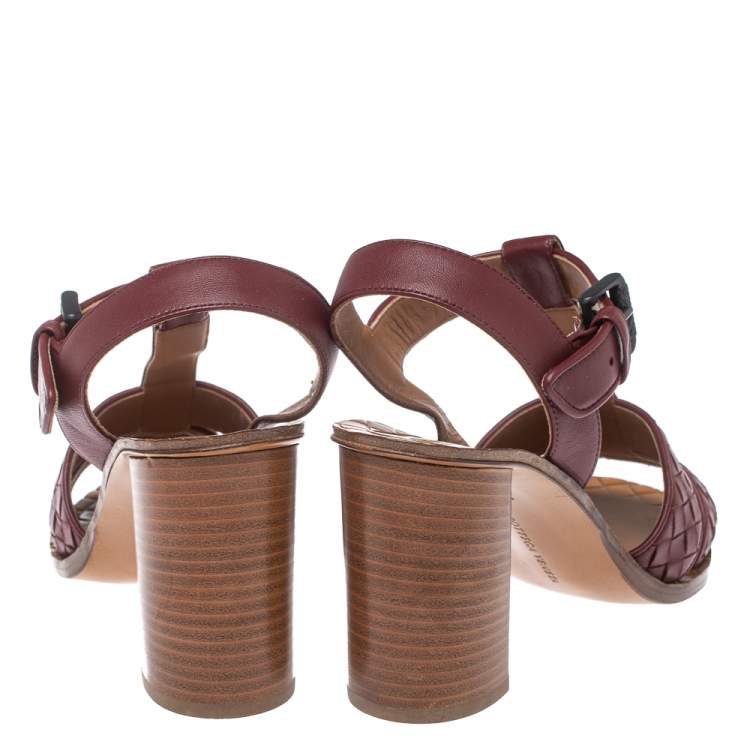 Pre Owned Bottega Veneta Burgundy Leather Intrecciato Ankle Strap Sandals Size 37
